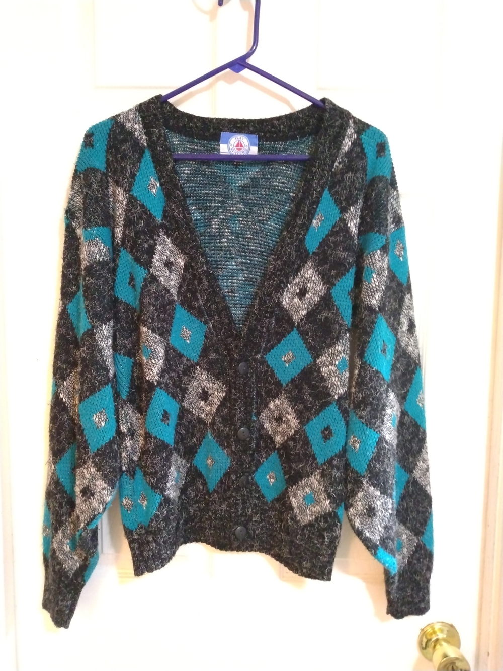 Vintage 90's Bay Waters Teal/Black/Gray Argyle Diamond Geometric Knit Cardigan